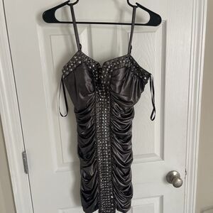 Bebe Womens Metallic Studded Bodycon Dress Silver Ruched Rhinestone Y2k Size M